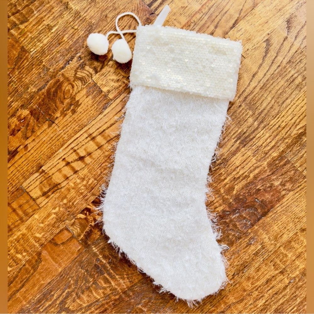 White Fuzzy & Sequin Christmas Stocking 18”